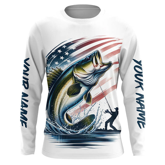 Maxcorners Personalized American Flag Bass Long Sleeve Fishing Shirts, Patriotic Bass Fishing Jerseys LM0201