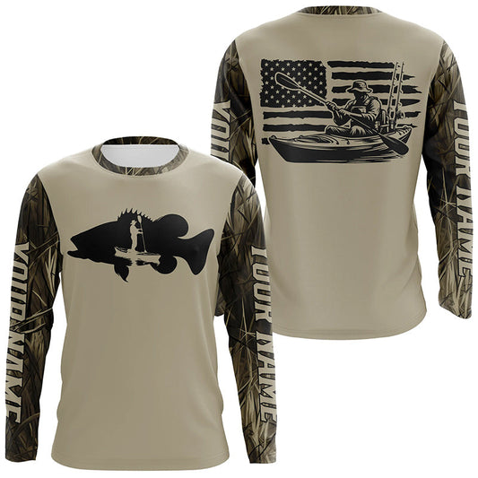 Maxcorners Personalized American Flag Kayak Bass Fishing Long Sleeve Shirts, Lake Camo Kayak Fishing Shirt LM0201