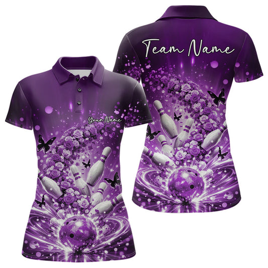 Custom Elegant Purple Roses And Butterfly Women Bowling Shirt, Flower Bowling League Shirt LM1203