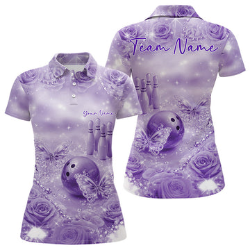 Custom Elegant Purple Roses And Butterfly Women Bowling Polo Shirts, Ladies Outfit LM1203