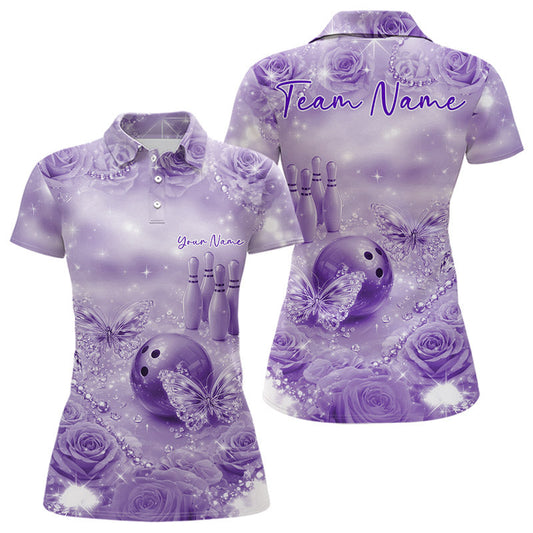 Custom Elegant Purple Roses And Butterfly Women Bowling Polo Shirts, Ladies Outfit LM1203