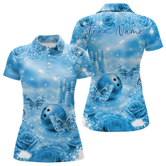 Custom Elegant Blue Roses And Butterfly Women Bowling Polo Shirts, Ladies Outfit LM1203