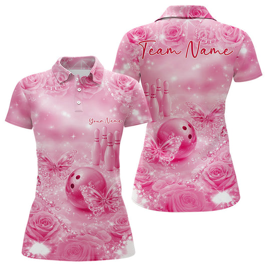 Custom Elegant Pink Roses And Butterfly Women Bowling Polo Shirts, Ladies Outfit LM1203