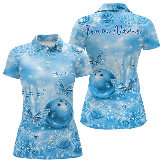 Custom Elegant Blue Roses And Butterfly Women Bowling Polo Shirts, Ladies Outfit 4 LM1203