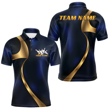 Maxcorners Custom Blue And Gold Men Polo Bowling Team Shirt, Bowling League Shirt LM1307