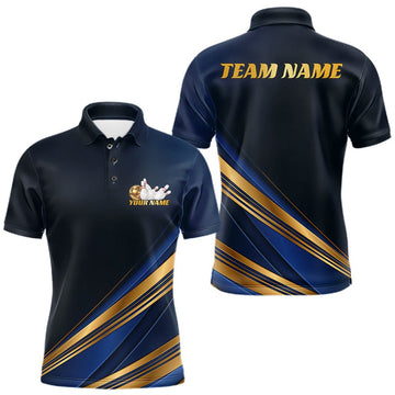 Maxcorners Custom Gold And Blue Diagonal Stripes Bowling Team Men Polo Bowling League Shirt LM1307