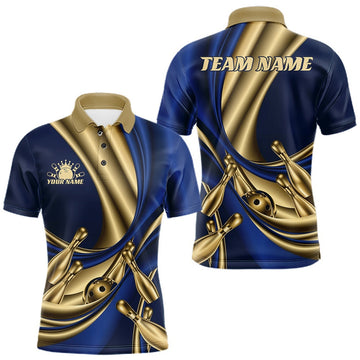 Maxcorners Custom Blue And Gold Curves With Golden Bowling Ball And Pins Men Polo Shirt LM1307