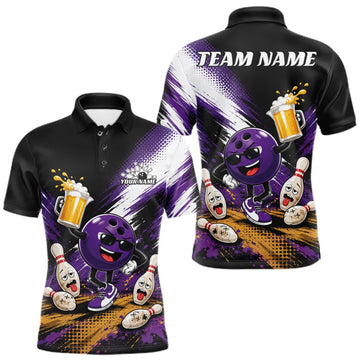 Maxcorners Custom Purple Funny Beer Pitcher Bowling Men Polo Shirt, Drinking Beer Bowling Jersey LM1508