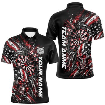 Maxcorners Custom Red American Flag Skull Patriotic Dart Men Polo Shirt, Dart Team Jersey