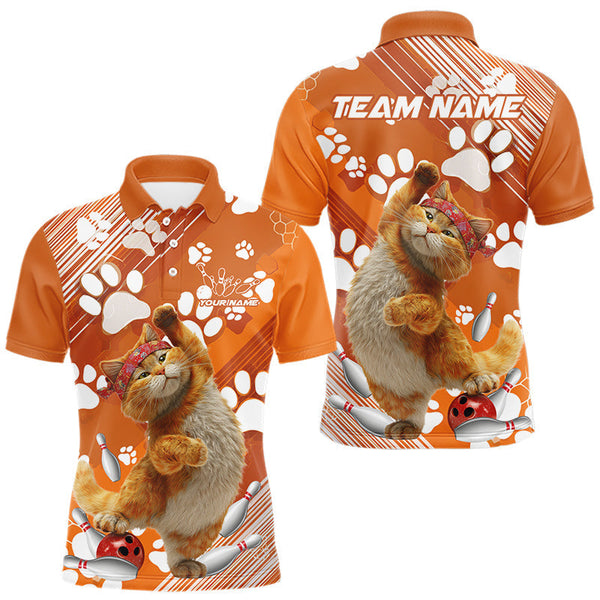 Maxcorners Custom Funny Orange Cat Cute Bowling Men Polo Shirt, Cute Team Cat Paw Bowling Shirt MT0811
