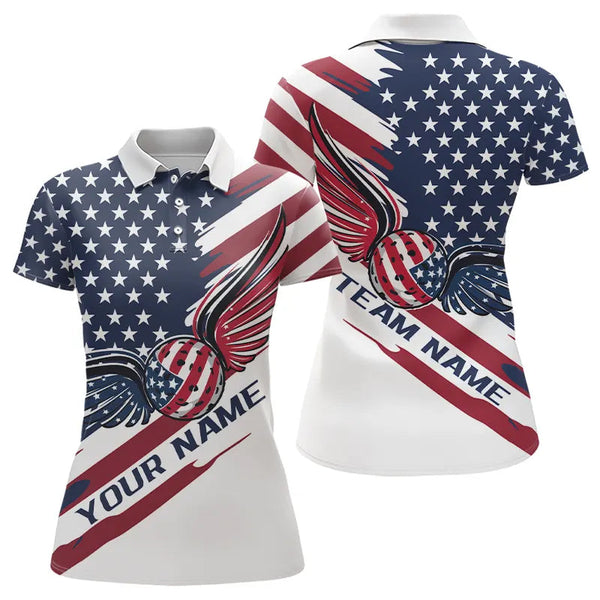 Maxcorners Custom US Flag Patriotic Pickleball Polo Shirts For Men, Pickleball Ball With Wings Shirt