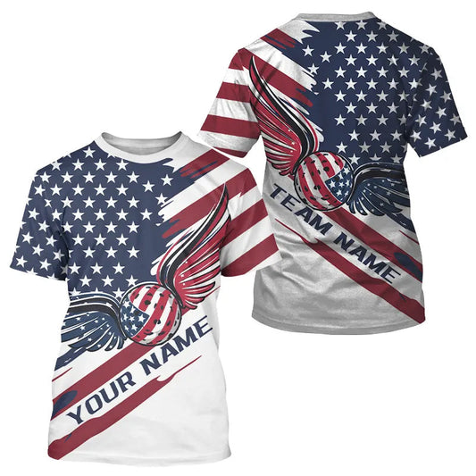 Maxcorners Custom US Flag Patriotic Pickleball Polo Shirts For Men, Pickleball Ball With Wings Shirt