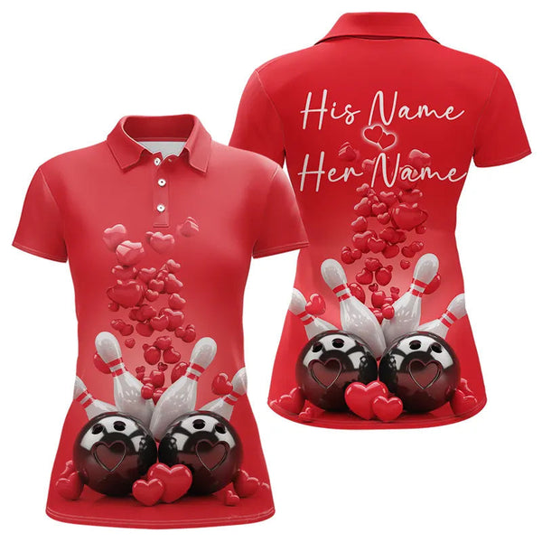 Maxcorners Custom Valentine Day Bowling Red Polo Shirts For Men, Romance Bowling Couple Outfits