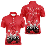 Maxcorners Custom Valentine Day Bowling Red Polo Shirts For Men, Romance Bowling Couple Outfits