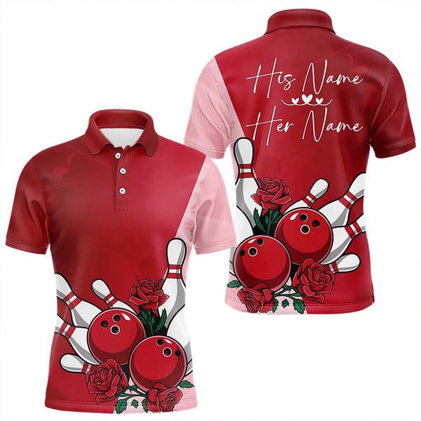 Maxcorners Bowling And Red Roses Custom Valentine Bowling Polo Shirts For Men Bowling Couple Outfits