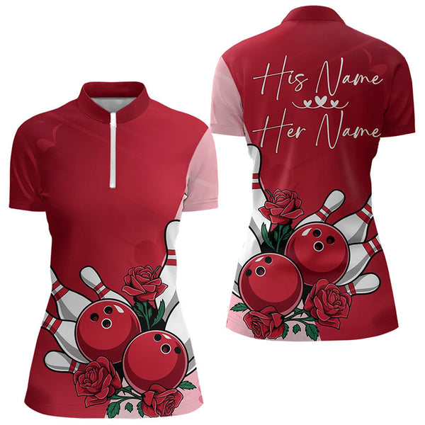 Maxcorners Bowling And Red Roses Custom Valentine Bowling Polo Shirts For Men Bowling Couple Outfits