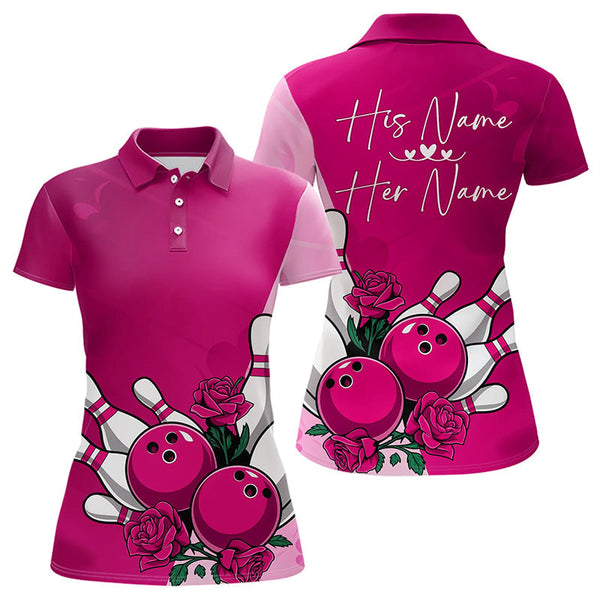 Maxcorners Bowling And Pink Roses Custom Valentine Bowling Polo Shirts For Men Bowling Couple Outfits