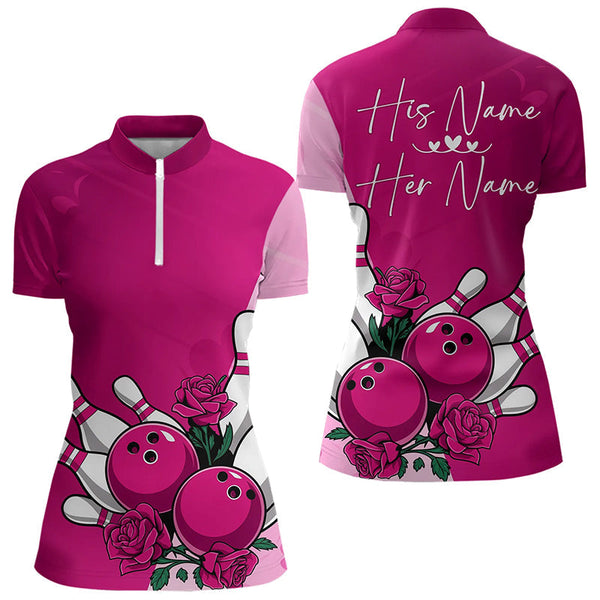 Maxcorners Bowling And Pink Roses Custom Valentine Bowling Polo Shirts For Men Bowling Couple Outfits