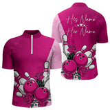 Maxcorners Bowling And Pink Roses Custom Valentine Bowling Polo Shirts For Men Bowling Couple Outfits