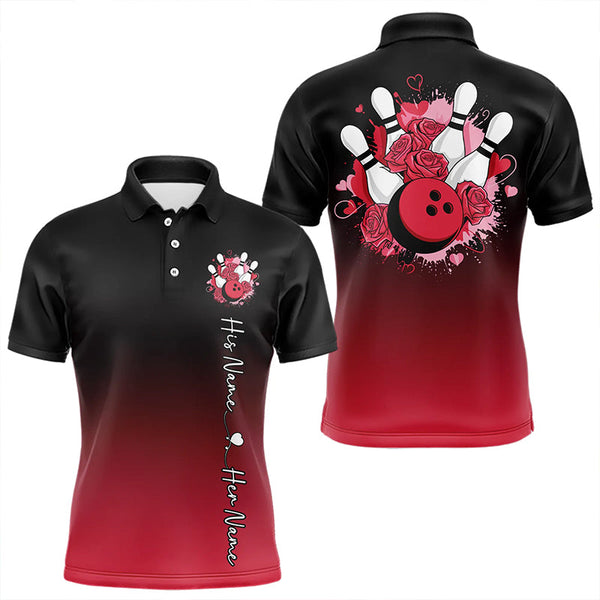 Maxcorners Black And Red Bowling And Roses Custom Valentines Day Bowling Polo Shirts