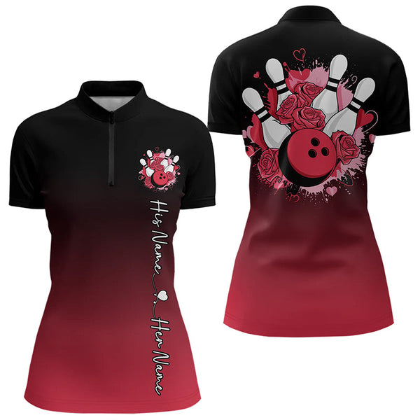 Maxcorners Black And Red Bowling And Roses Custom Valentines Day Bowling Polo Shirts