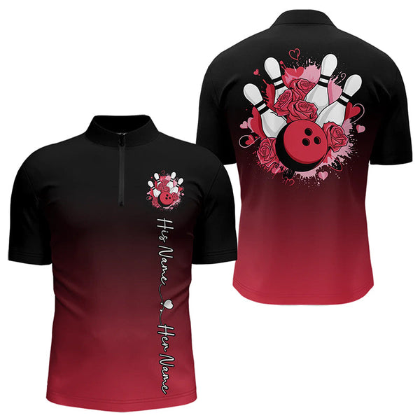 Maxcorners Black And Red Bowling And Roses Custom Valentines Day Bowling Polo Shirts