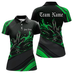 Maxcorners Custom Black And Green Flame Bowling Polo Shirts For Men, Bowling Tournament Team Shirts