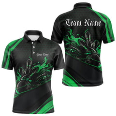 Maxcorners Custom Black And Green Flame Bowling Polo Shirts For Men, Bowling Tournament Team Shirts