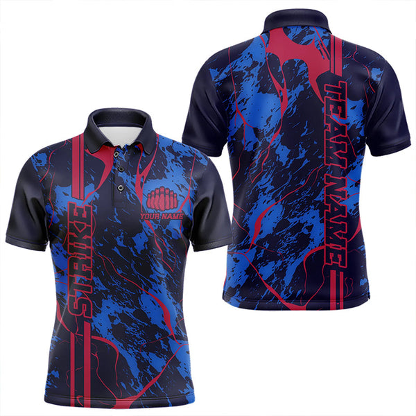 Maxcorners Custom Blue And Red Strike Bowling Polo Shirts For Men, Bowling League Team Uniform LM0803