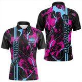 Maxcorners Custom Pink And Blue Strike Bowling Polo Shirts For Men, Bowling League Team Uniform LM0803