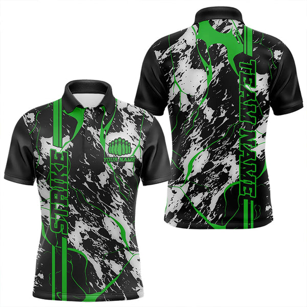 Maxcorners Custom Gray And Green Strike Bowling Polo Shirts For Men, Bowling League Team Uniform LM0803