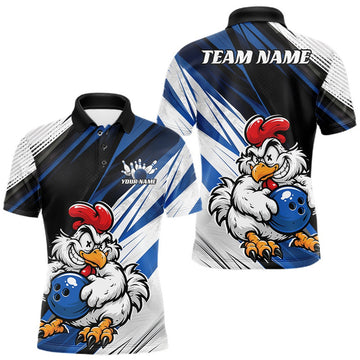 Maxcorners Custom Funny Crazy Chicken Bowling Team Men Polo Shirt, Blue Chicken Bowling Jerseys LM1307