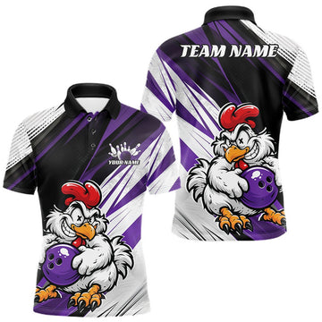 Maxcorners Custom Funny Crazy Chicken Bowling Team Men Polo Shirt, Purple Chicken Bowling Jerseys LM1307