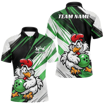 Maxcorners Custom Funny Crazy Chicken Bowling Team Men Polo Shirt, Green Chicken Bowling Jerseys LM1307
