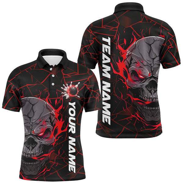 Maxcorners Bowling Ball And Pins Red Flame Skull  Customized Name, Team Anme 3D Polo Shirt