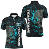 Maxcorners Bowling Ball And Pins Cyan Flame Skull  Customized Name, Team Anme 3D Polo Shirt