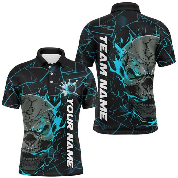 Maxcorners Bowling Ball And Pins Cyan Flame Skull  Customized Name, Team Anme 3D Polo Shirt