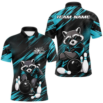 Maxcorners Custom Cyan Blue Funny Cool Looking Raccoon Men Bowling Team Polo Shirt, Bowling Jersey LM1508