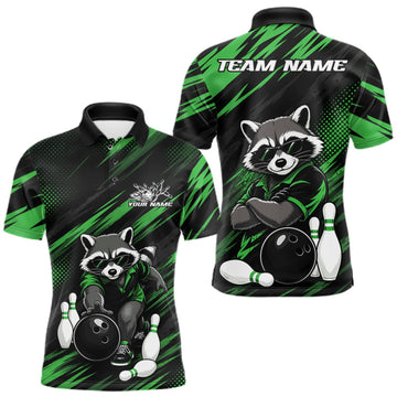 Maxcorners Custom Green Funny Cool Looking Raccoon Men Bowling Team Polo Shirt, Bowling Jersey LM1508
