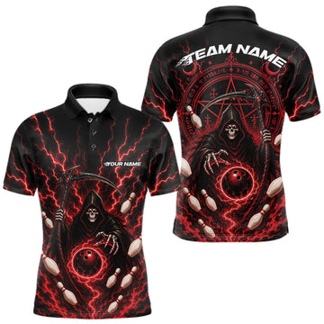 Maxcorners Custom Red Lightning Halloween Grim Reaper Bowling Men Polo Shirt, Dark Magic Outfit LM1508