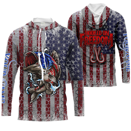 Maxcorners Personalized Bass Fishing American Flag Men Long sleeve performance Fishing Shirts, Patriotic Hooked on Freedom - LM0501