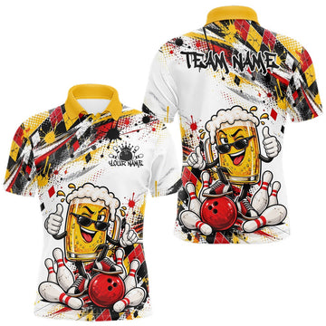 Maxcorners Yellow And Red Splatter Argyle Pattern Funny Beer Custom Bowling Men Polo Shirt LM0410