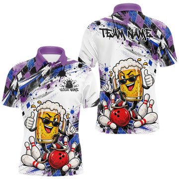 Maxcorners Blue And Purple Splatter Argyle Pattern Funny Beer Custom Bowling Men Polo Shirt LM0410