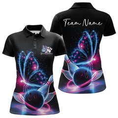Maxcorners Custom Blue And Pink Galaxy Butterfly Bowling Women Polo Shirts, Ladies Bowling Team Outfit LM1112