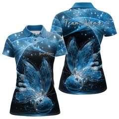 Maxcorners Custom Ethereal Blue Butterfly Bowling Team Women Polo Shirts, Ladies Bowling Outfit LM1112