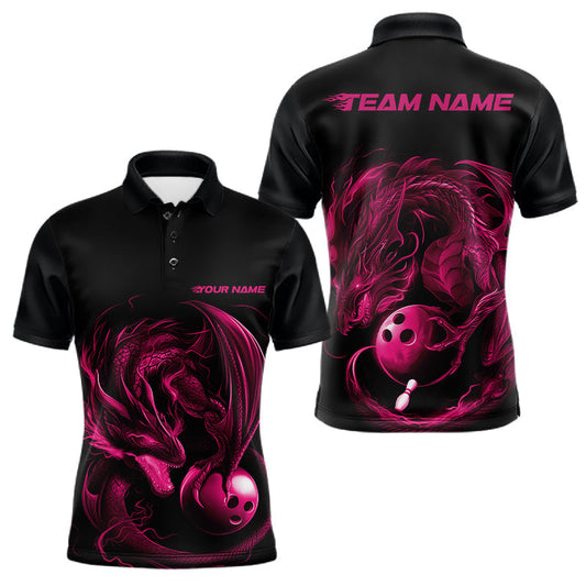 Maxcorners Custom Black And Pink Dragon Bowling Shirts, Bowling League Shirt Dragon Men Jersey LM2602