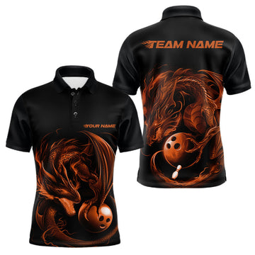 Maxcorners Custom Black And Orange Dragon Bowling Shirts, Bowling League Shirt Dragon Men Jersey LM2602