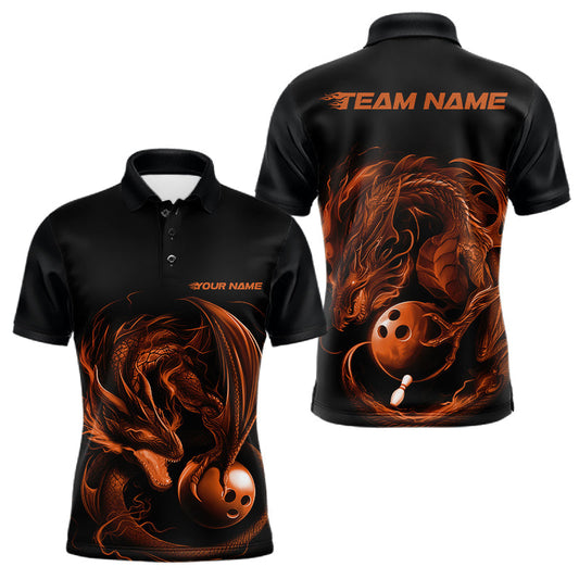 Maxcorners Custom Black And Orange Dragon Bowling Shirts, Bowling League Shirt Dragon Men Jersey LM2602