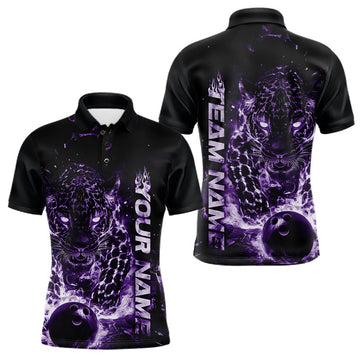 Maxcorners Custom Purple Flaming Leopard Men Bowling Shirts, Fire Bowling Team Shirt Bowler Uniform LM2602