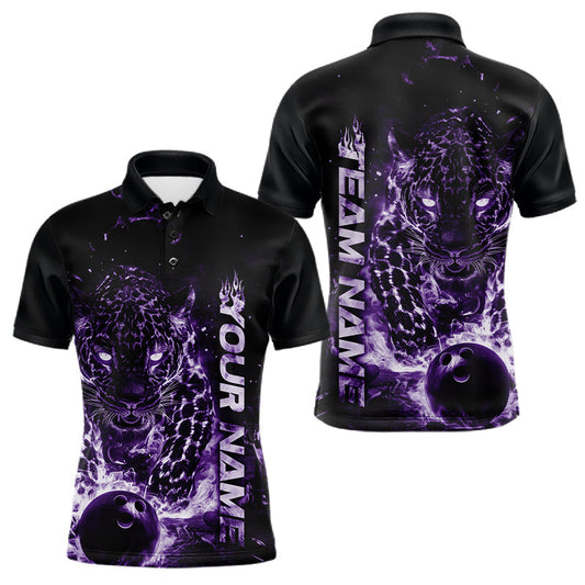 Maxcorners Custom Purple Flaming Leopard Men Bowling Shirts, Fire Bowling Team Shirt Bowler Uniform LM2602